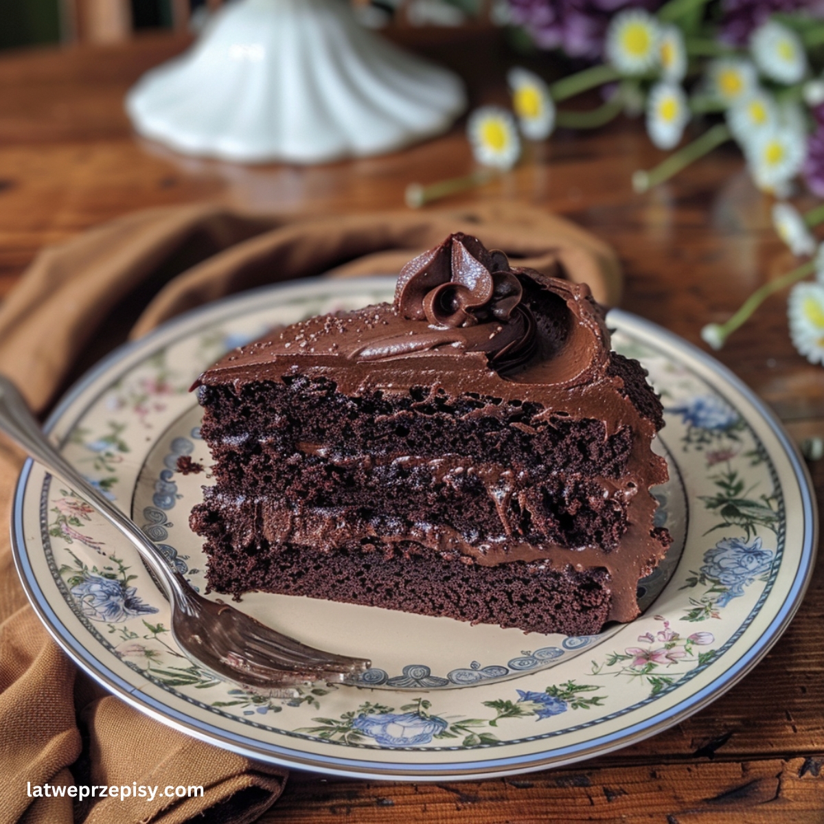 Ciasto czekoladowe z kremem, podane na talerzu.