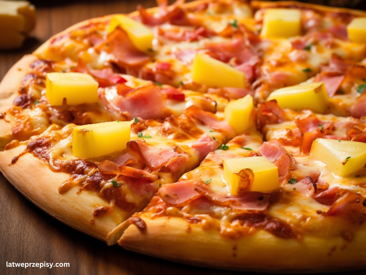 Pizza hawajska pokazana z bliska, z ananasem i szynką.