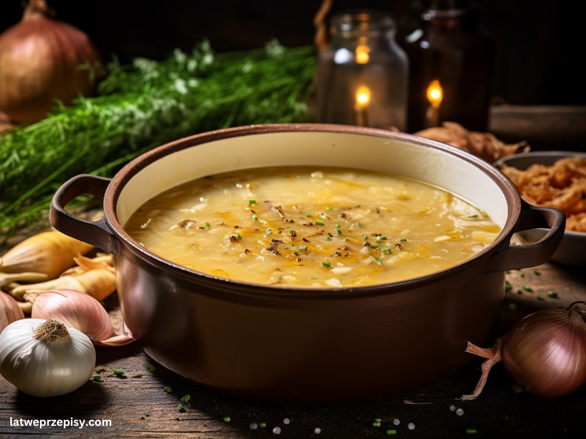 Zupa cebulowa w garnku, ułożona na blacie wokół świeżej cebuli i czosnku.