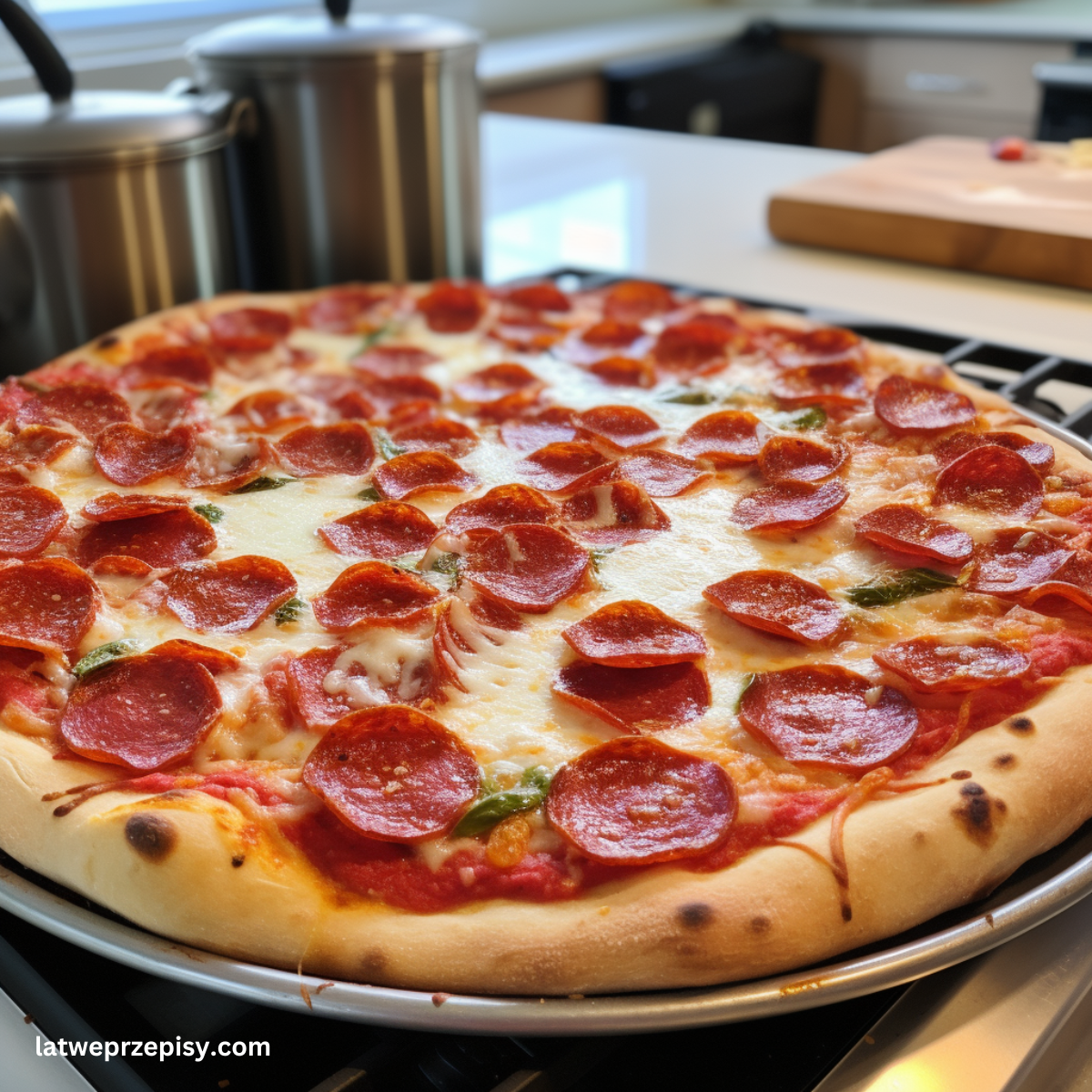 Domowa pizza pepperoni podana na platerze.