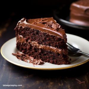 Tort czekoladowy z masą czekoladową, w jednoprocentowym kawałku, podany na talerzu.