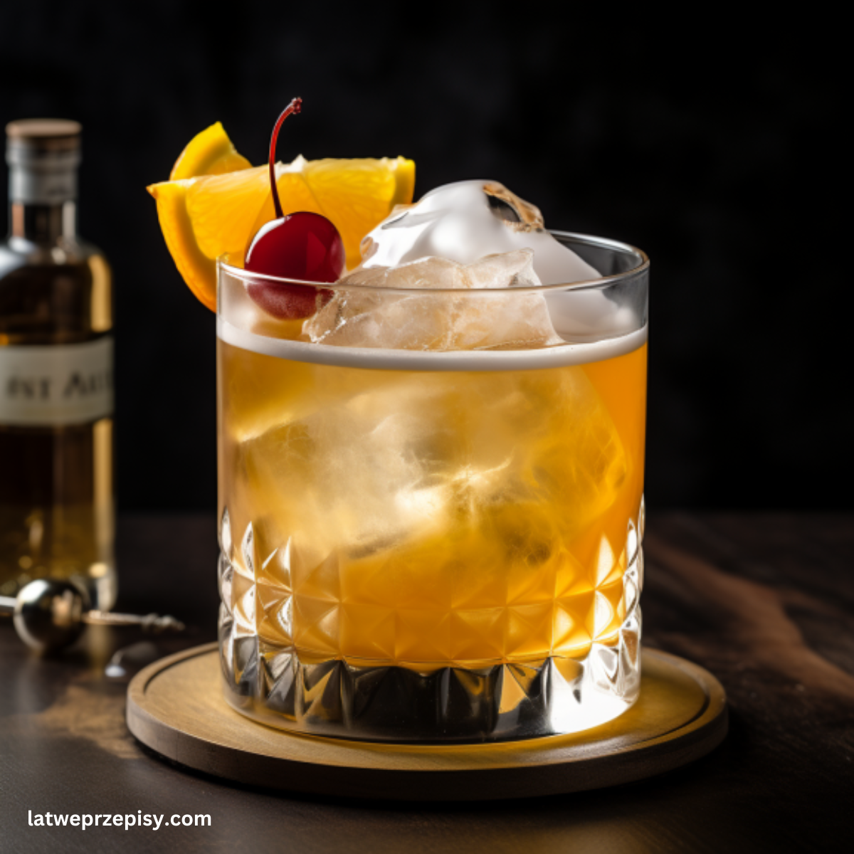 Amaretto sour, podane w szklance od whiskey, z plasterkiem pomarańczy i wisienką maraschino.