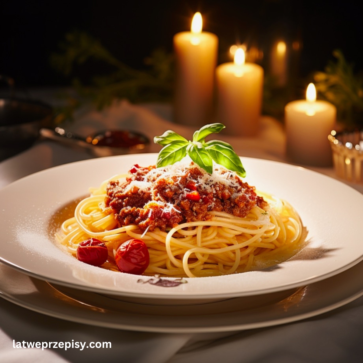 Spaghetti bolognese Podane w głębokim talerzu z dodatkiem parmezanu, pieczonych pomidorków oraz świeżych liści bazylii.