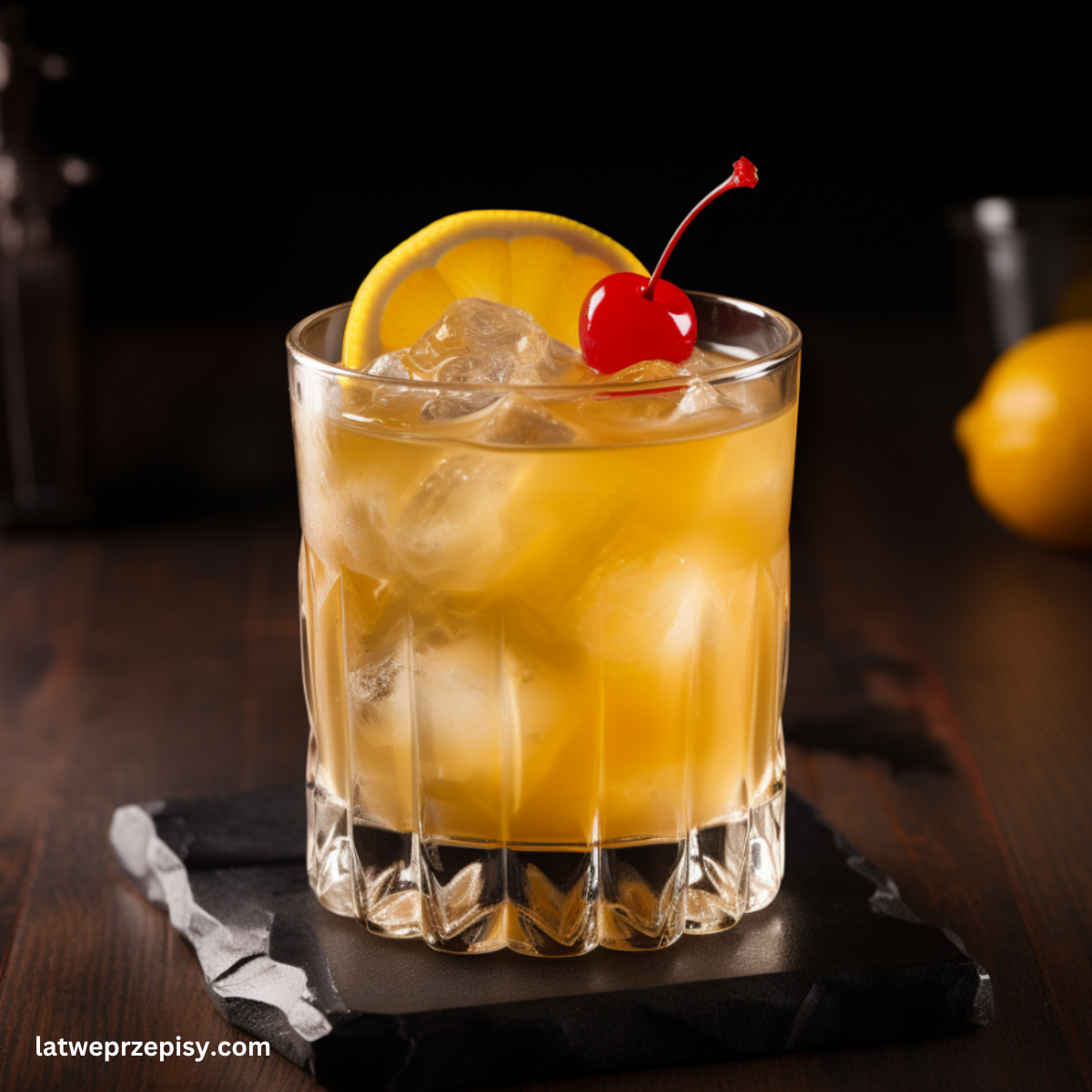 Whisky Sour Podany w szklance z plastrem pomarańczy i wisienką maraschino.