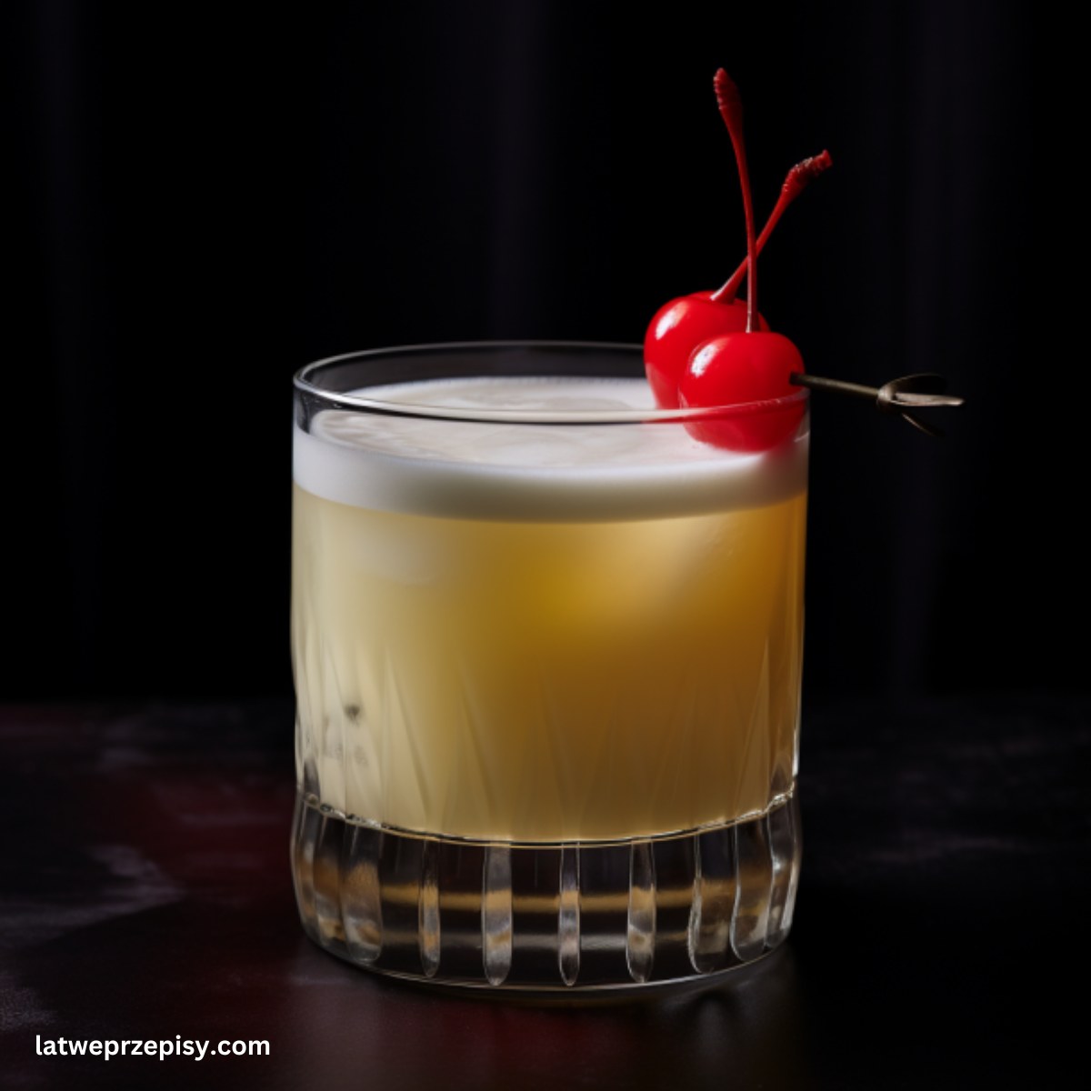Wódka sour, podana w klasycznej szklance od whiskey z wisienką maraschino.