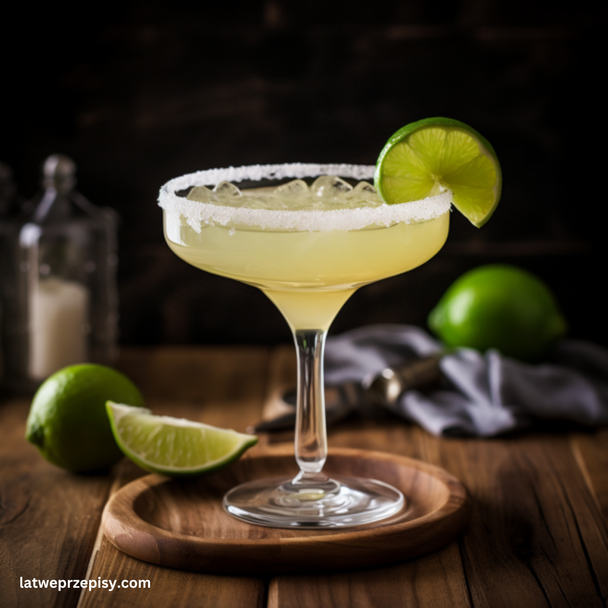 Drink Margarita podany w kieliszku z brzegiem z solą i świeżym plasterkiem limonki.