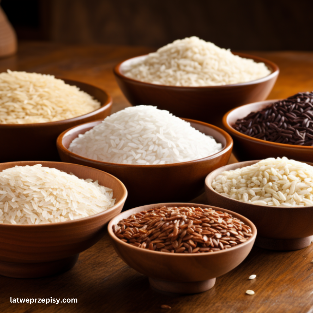 Miski z różnymi rodzajami ryżu, wyłożone na