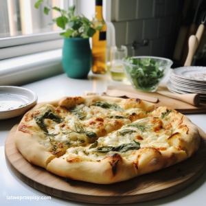 Pizza bianca na drewnianej desce w kuchni.