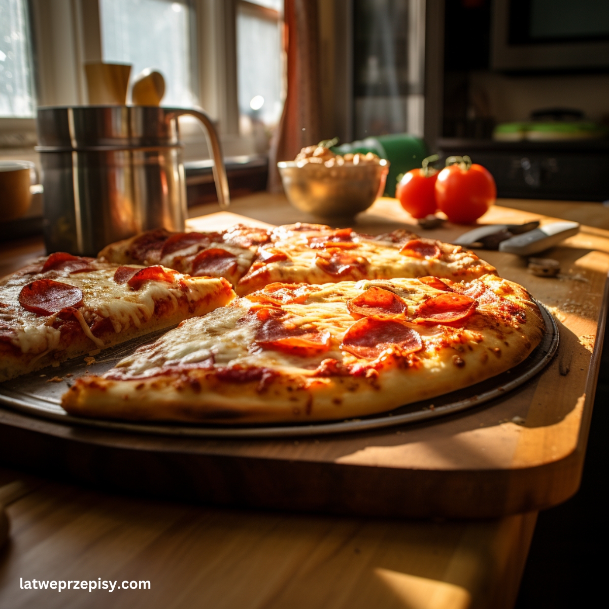 Czy pizza jest zdrowa? Pizza podana na talerzu w kuchni.