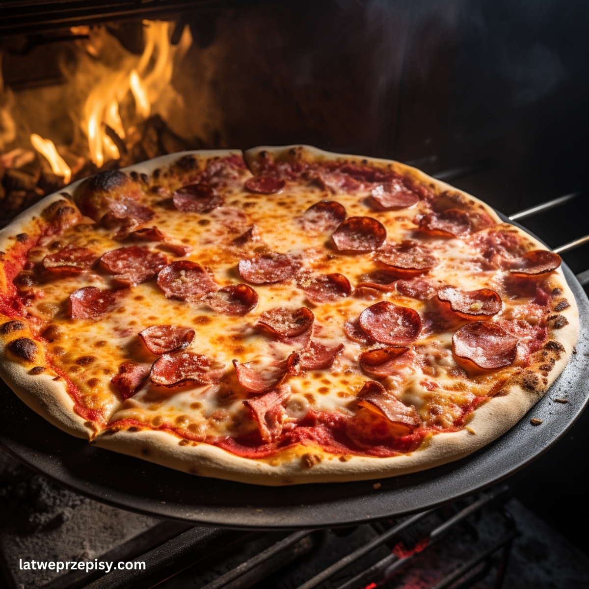W jakiej temperaturze piec pizzę. Pizza na kamieniu do pizzy, obok pieca do pizzy.