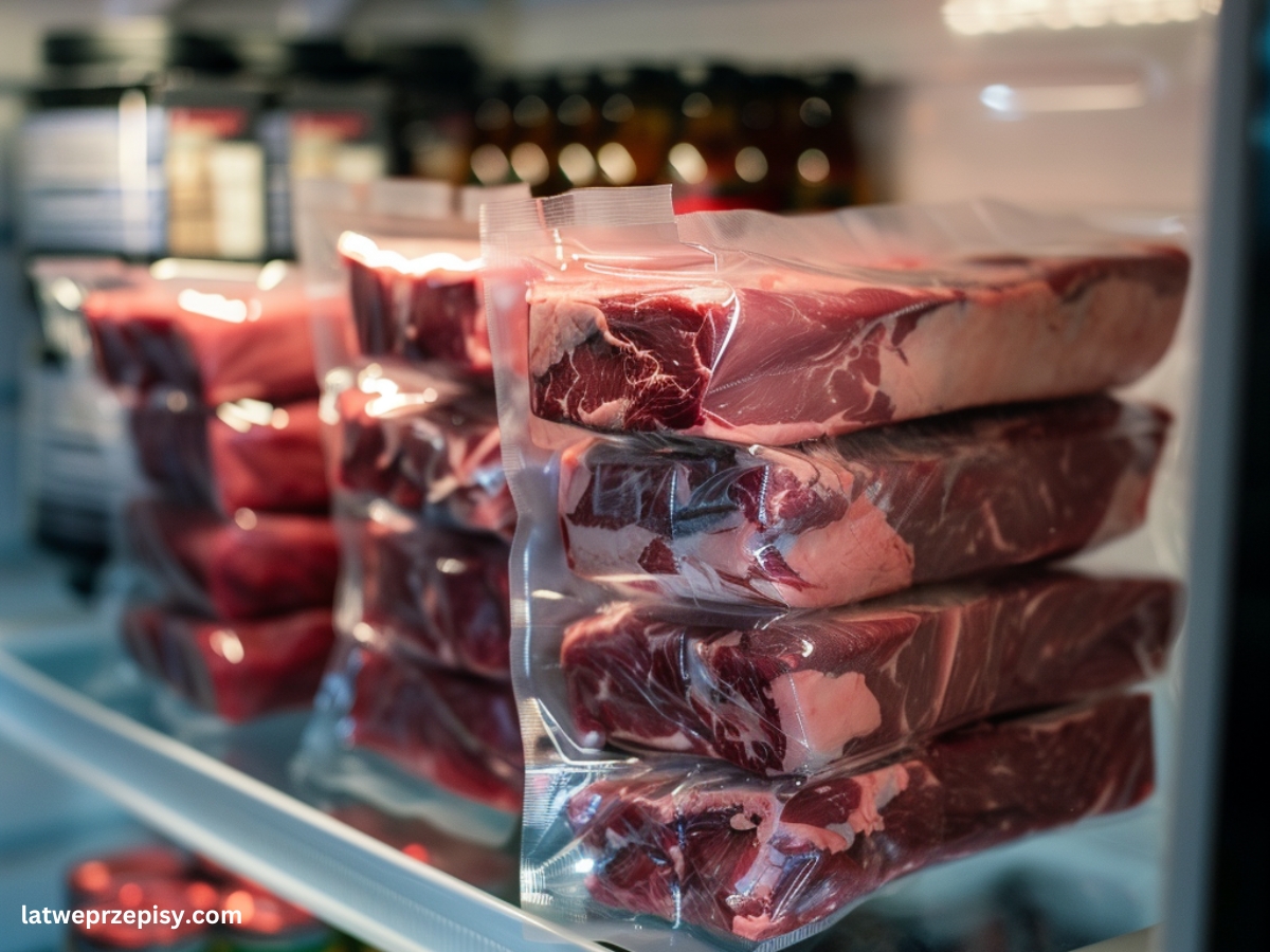 Mięso przechowywane w lodówce. Hermetycznie zamknięta wołowina w woreczkach.